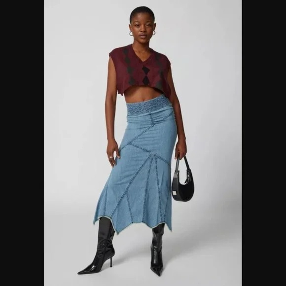 Urban Outfitters Blue Patchwork Midi Denim Skirt